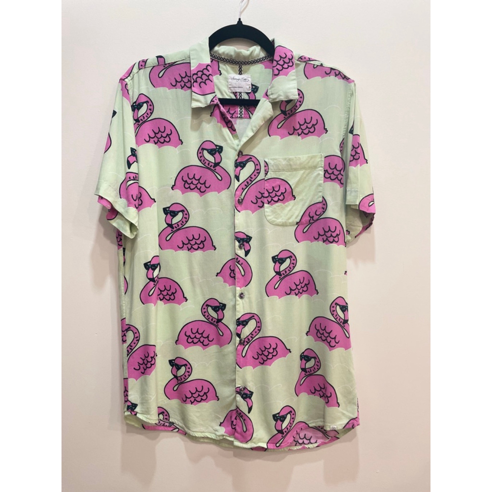 Sovereign Code Flamingo Print Shirt, Size M, Green & Pink Retro Resort Colorful